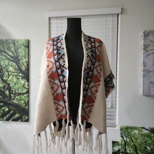 Southwestern Knit Fringe Shawl Poncho Blanket Wrap Cream Rust Blue